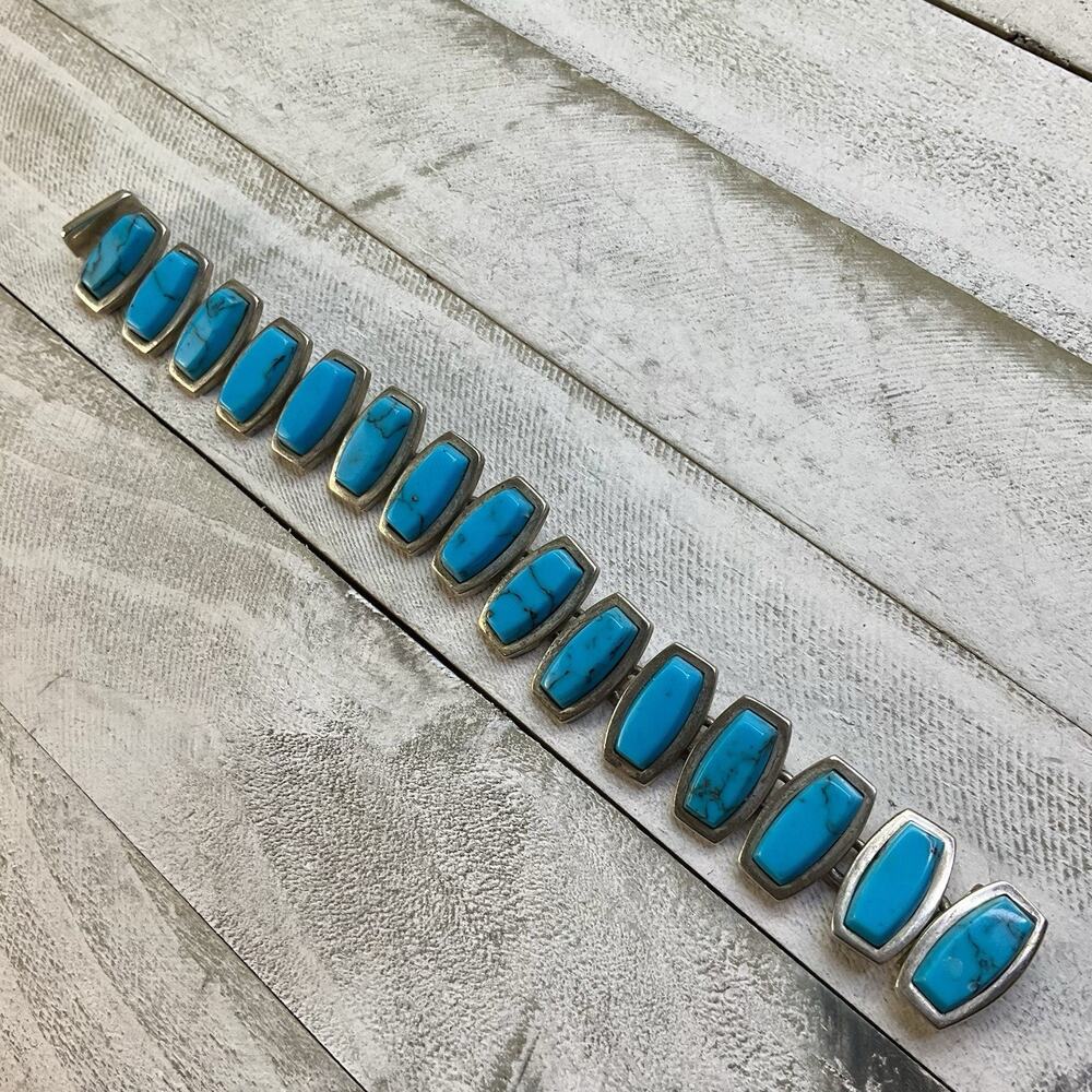 Taxco Mexico Sterling Silver 925 Vintage Turquoise Panel Link Bracelet 61.4g - Picture 7 of 12